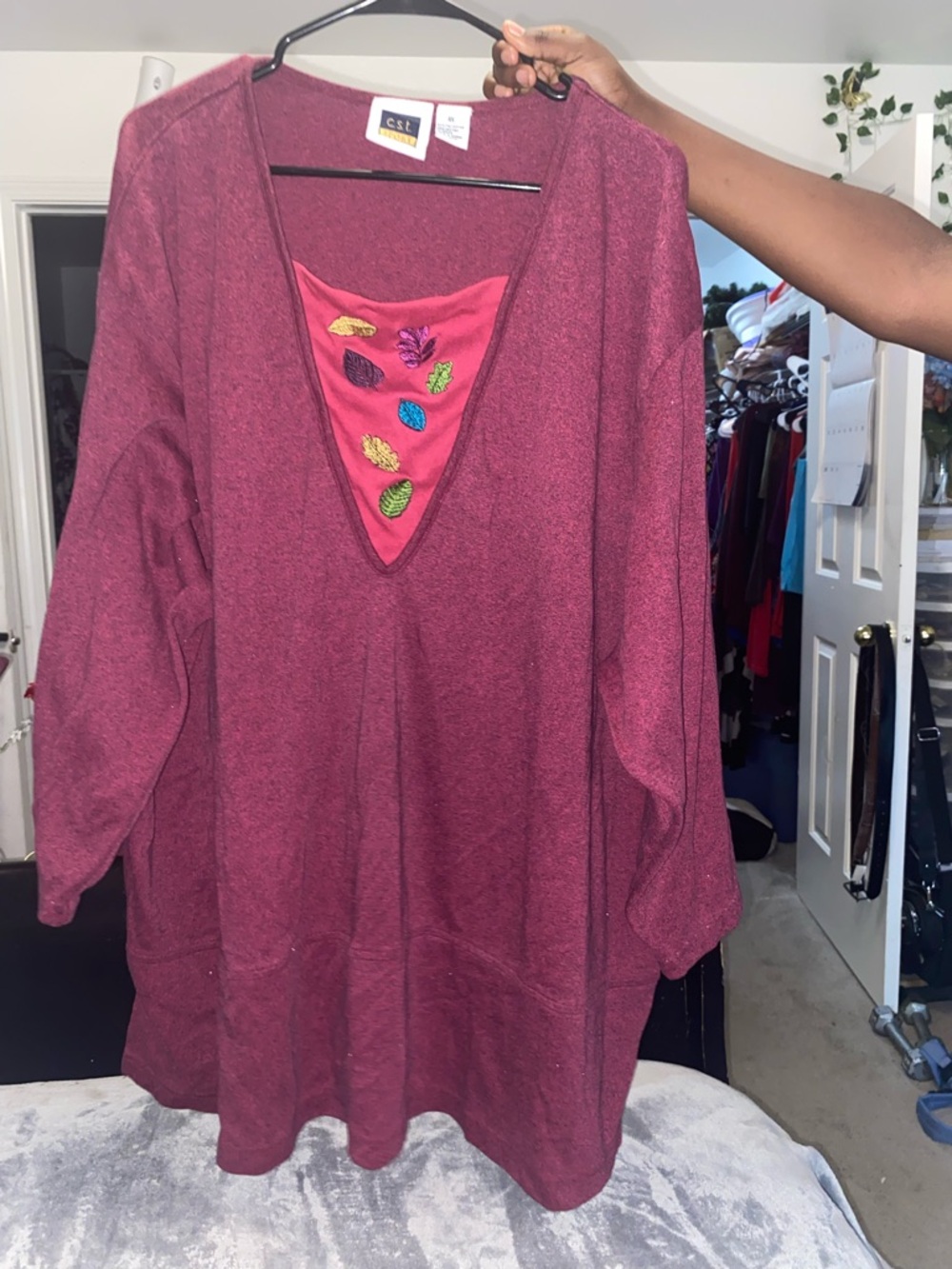 Classic Women's Deep V Embroidered Tunic - Berry